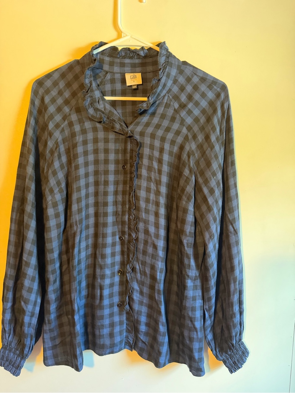 CAbi Blue and Black Gingham Ruffle Collar Button-Down Shirt